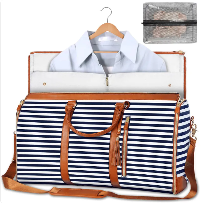 Large Capacity Waterproof Travel Duffel Bag open with a striped design, showcasing interior and hanging shirt.