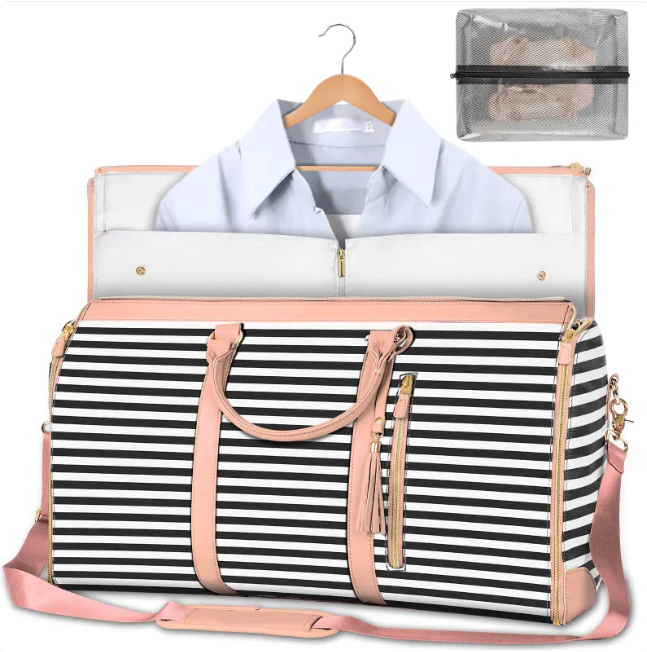 Large Capacity Waterproof Travel Duffel Bag featuring a striped design and internal compartment for organization.