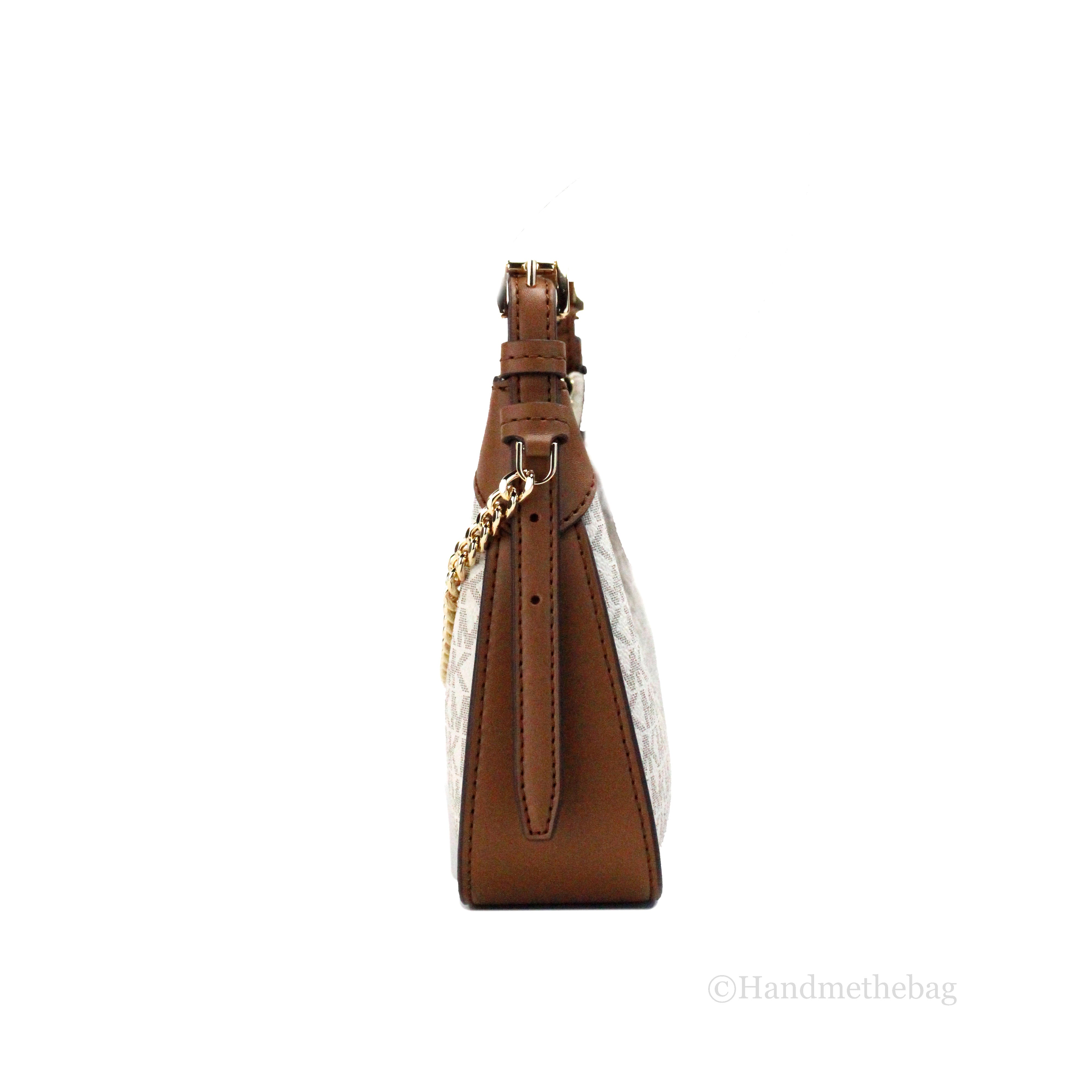 Michael Kors Wilma Small Vanilla PVC Chain Crossbody Bag featuring a chic design with signature PVC material and gold chain.