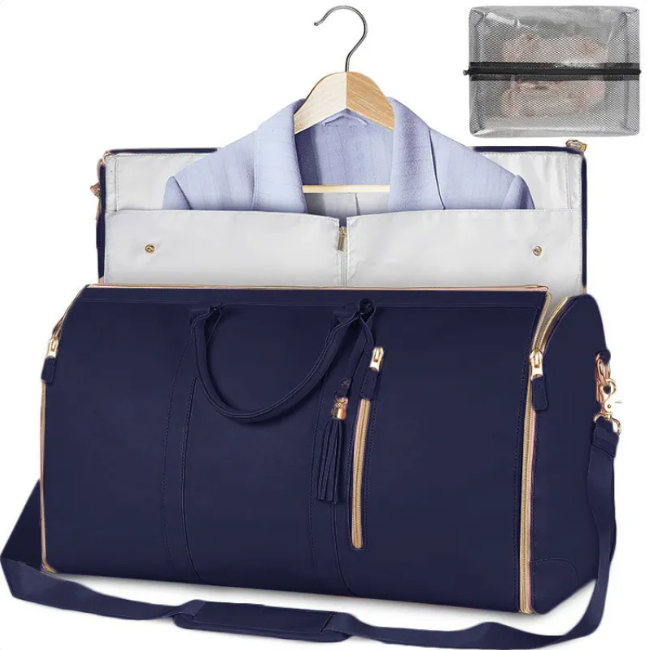 Large Capacity Waterproof Travel Duffel Bag with a hanging section and organizer pouch for stylish travel.