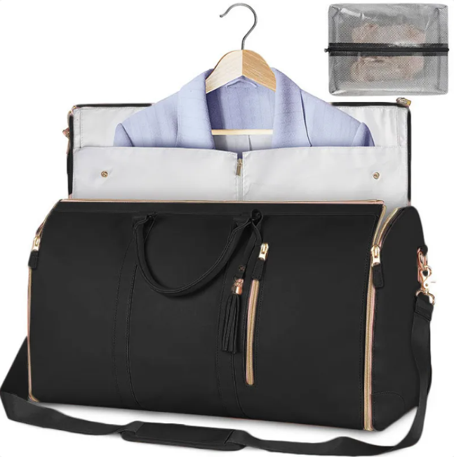 Large Capacity Waterproof Travel Duffel Bag with a black exterior and hanging compartment for clothing.