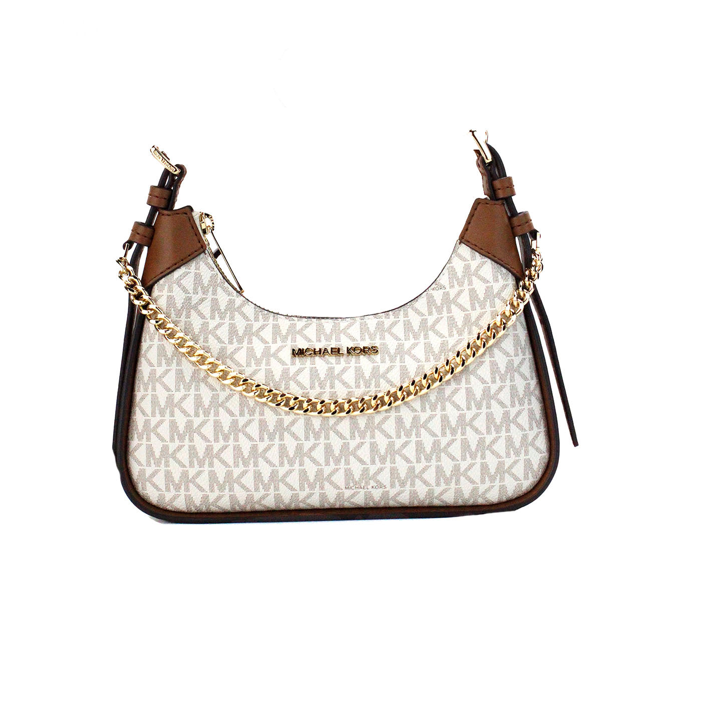 Michael Kors Wilma Small Vanilla PVC Chain Crossbody Bag featuring a chic design with signature PVC material and gold chain.