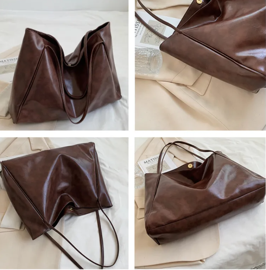 Glossy Retro Tote Bag Stylish Vintage in beige color on a light background, highlighting its spacious design.