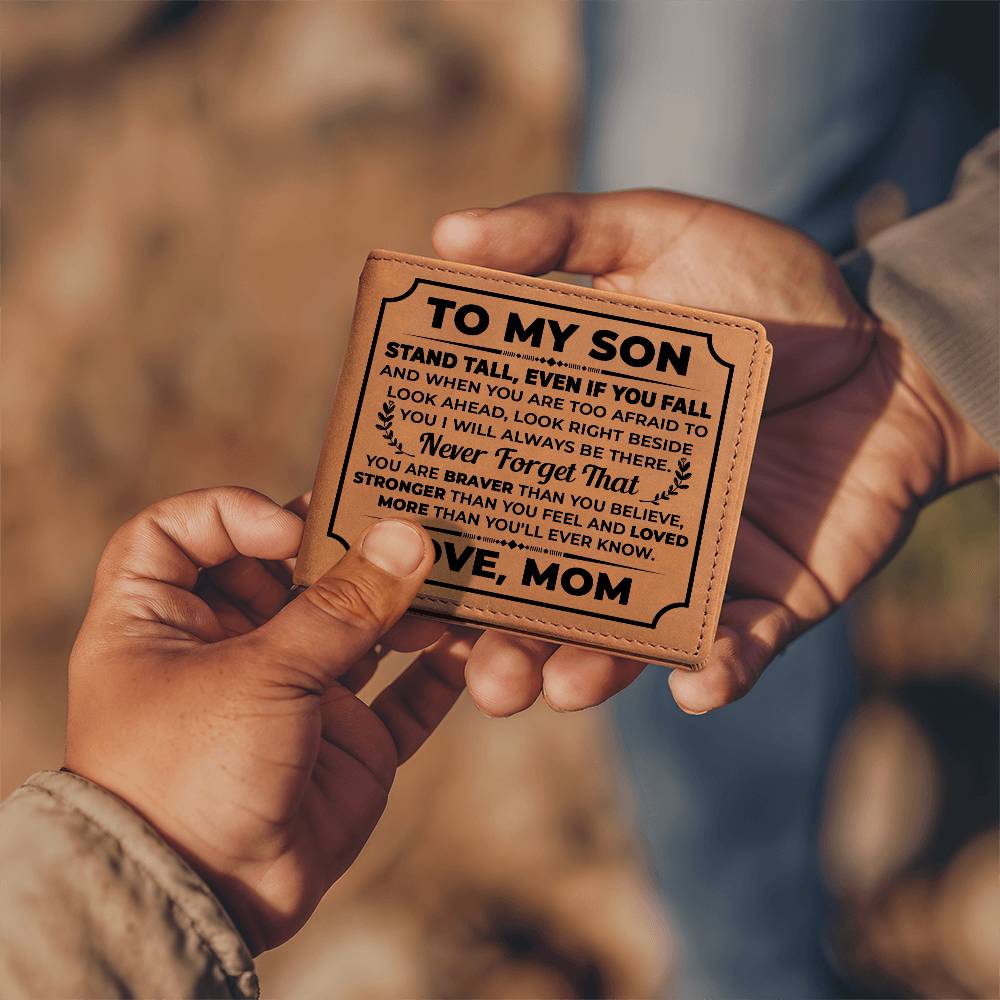 To My Son Stand Tall Black Bifold Leather Wallet