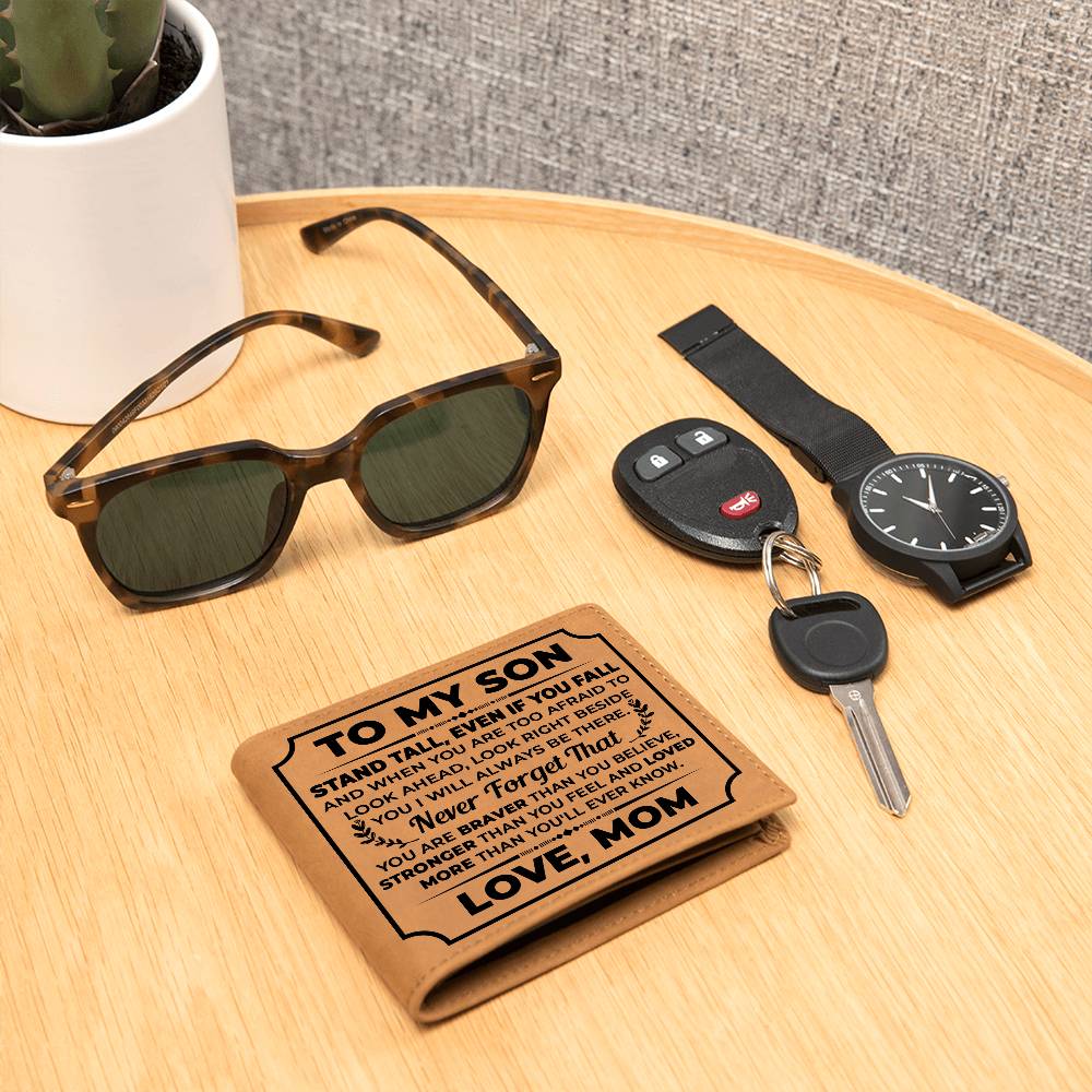 To My Son Stand Tall Black Bifold Leather Wallet