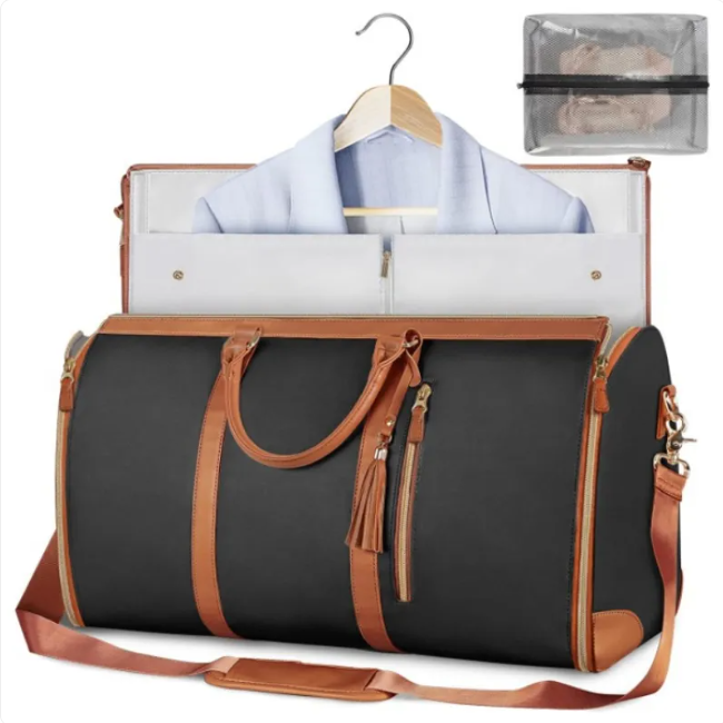 Large Capacity Waterproof Travel Duffel Bag with hanging section and storage pouch for organized travel.